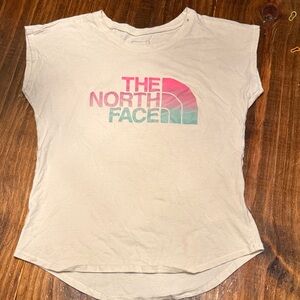 The North Face Women's Cream Tee with Pink-to-Teal Gradient Logo